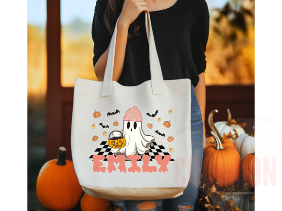 Personalized Halloween Tote Bag Custom Name Canvas Tote Bag Trick or Treat Halloween Gift Bag Goodie Bag Spooky Halloween Party Favor Gift
