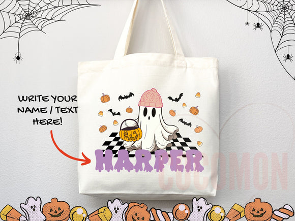 Personalized Halloween Tote Bag Custom Name Canvas Tote Bag Trick or Treat Halloween Gift Bag Goodie Bag Spooky Halloween Party Favor Gift