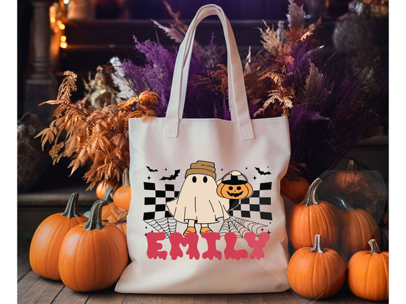 Personalized Halloween Tote Bag Custom Name Canvas Tote Bag Trick or Treat Halloween Gift Bag Goodie Bag Spooky Halloween Party Favor Gift