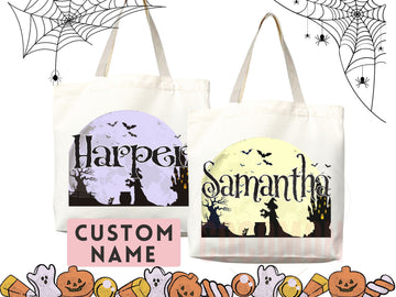 Personalized Halloween Tote Bag Custom Name Canvas Tote Bag Trick or Treat Halloween Gift Bag Goodie Bag Spooky Halloween Party Favor Gift
