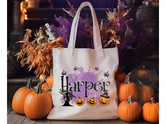 Personalized Halloween Tote Bag Custom Name Canvas Tote Bag Trick or Treat Halloween Gift Bag Goodie Bag Spooky Halloween Party Favor Gift