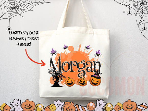 Personalized Halloween Tote Bag Custom Name Canvas Tote Bag Trick or Treat Halloween Gift Bag Goodie Bag Spooky Halloween Party Favor Gift