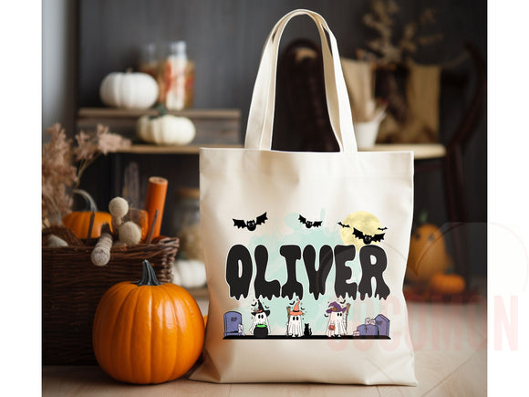 Personalized Halloween Tote Bag Custom Name Canvas Tote Bag Trick or Treat Halloween Gift Bag Goodie Bag Spooky Halloween Party Favor Gift