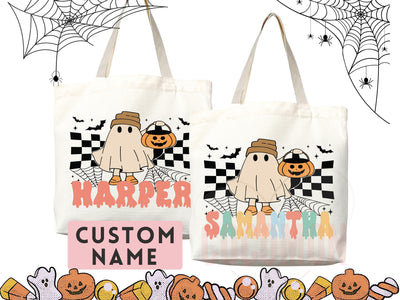 Personalized Halloween Tote Bag Custom Name Canvas Tote Bag Trick or Treat Halloween Gift Bag Goodie Bag Spooky Halloween Party Favor Gift