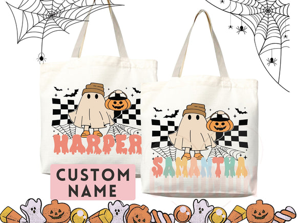 Personalized Halloween Tote Bag Custom Name Canvas Tote Bag Trick or Treat Halloween Gift Bag Goodie Bag Spooky Halloween Party Favor Gift