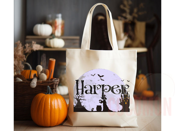 Personalized Halloween Tote Bag Custom Name Canvas Tote Bag Trick or Treat Halloween Gift Bag Goodie Bag Spooky Halloween Party Favor Gift
