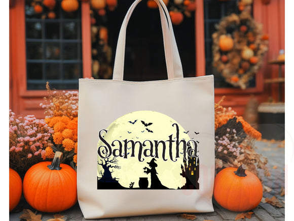 Personalized Halloween Tote Bag Custom Name Canvas Tote Bag Trick or Treat Halloween Gift Bag Goodie Bag Spooky Halloween Party Favor Gift