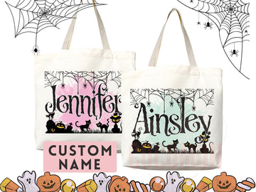 Personalized Halloween Tote Bag Custom Name Canvas Tote Bag Trick or Treat Halloween Gift Bag Goodie Bag Spooky Halloween Party Favor Gift