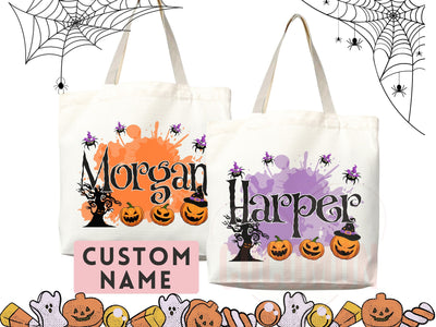 Personalized Halloween Tote Bag Custom Name Canvas Tote Bag Trick or Treat Halloween Gift Bag Goodie Bag Spooky Halloween Party Favor Gift