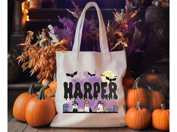 Personalized Halloween Tote Bag Custom Name Canvas Tote Bag Trick or Treat Halloween Gift Bag Goodie Bag Spooky Halloween Party Favor Gift