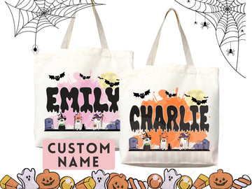 Personalized Halloween Tote Bag Custom Name Canvas Tote Bag Trick or Treat Halloween Gift Bag Goodie Bag Spooky Halloween Party Favor Gift