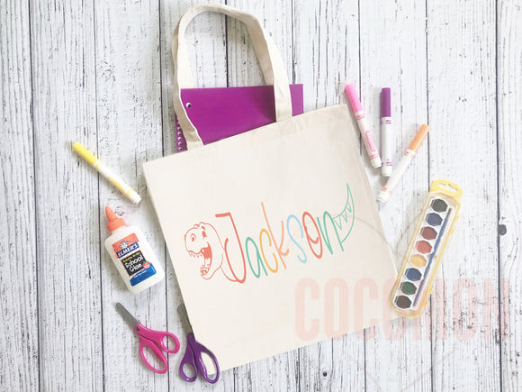 Personalized Name Tote Bag Dinosaur Gift Custom Name Tote Bag Custom Tote Shopper Customized Name Back to school Kid Bag School Bag For Kids