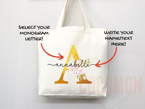 Custom Monogram Name Tote Bag Personalized Tote Bag Bridesmaid Gifts Bridal Party Custom Tote Bach Party Gift Customized Name Gift For Her