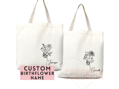 Personalized Birth Month Flower Custom Name Tote Bag Gift Custom Floral Bag Tote Shopper Aesthetic Bag Flower Gift for Her Bridal Bridesmaid