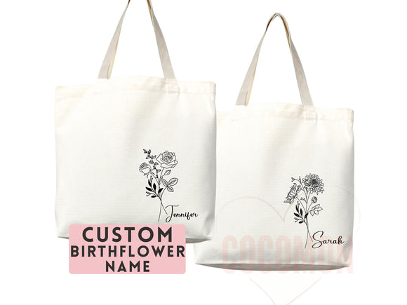 Personalized Birth Month Flower Custom Name Tote Bag Gift Custom Floral Bag Tote Shopper Aesthetic Bag Flower Gift for Her Bridal Bridesmaid