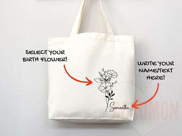 Personalized Birth Month Flower Custom Name Tote Bag Gift Custom Floral Bag Tote Shopper Aesthetic Bag Flower Gift for Her Bridal Bridesmaid