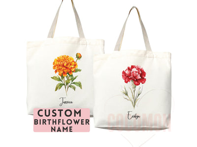 Personalized Birth Month Flower Custom Name Tote Bag Gift Custom Floral Bag Tote Shopper Aesthetic Bag Flower Gift for Her Bridal Bridesmaid