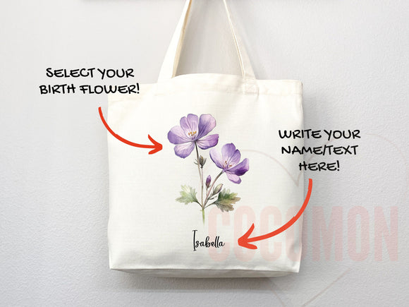 Personalized Birth Month Flower Custom Name Tote Bag Gift Custom Floral Bag Tote Shopper Aesthetic Bag Flower Gift for Her Bridal Bridesmaid