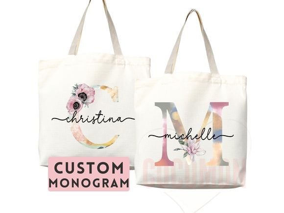 Custom Monogram Name Tote Bag Personalized Tote Bag Bridesmaid Gifts Bridal Party Custom Tote Bach Party Gift Customized Name Gift For Her