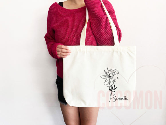 Personalized Birth Month Flower Custom Name Tote Bag Gift Custom Floral Bag Tote Shopper Aesthetic Bag Flower Gift for Her Bridal Bridesmaid