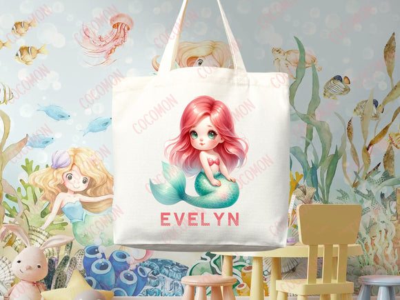 Personalized Name Tote Bag Library Bag Kindergarten Mermaid Gift Custom Name Tote Bag Custom Tote Customized Name Gift For Kids School Bag