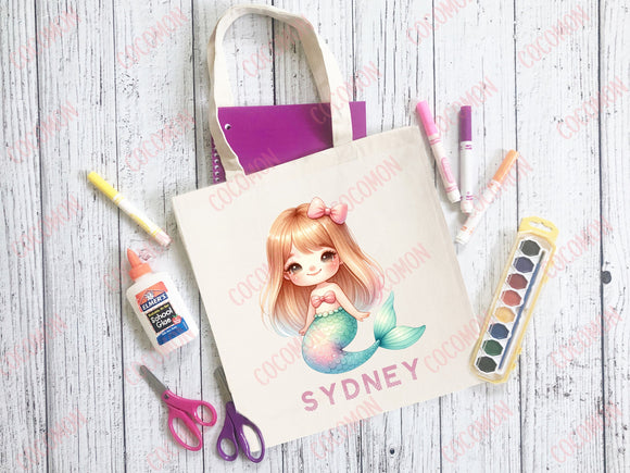 Personalized Name Tote Bag Library Bag Kindergarten Mermaid Gift Custom Name Tote Bag Custom Tote Customized Name Gift For Kids School Bag