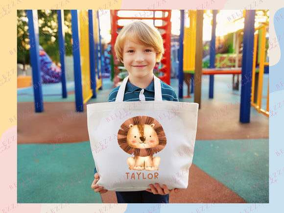 Custom Name Tote Bag Kids Safari Animal Gift Daycare Diaper Bag Custom Name Tote Personalized Name Back to School Bag for Kids Kindergarten