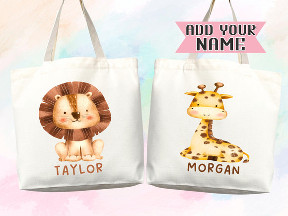 Custom Name Tote Bag Kids Safari Animal Gift Daycare Diaper Bag Custom Name Tote Personalized Name Back to School Bag for Kids Kindergarten
