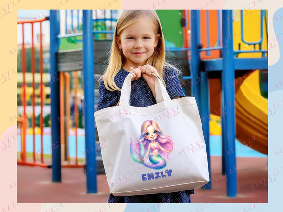 Mermaid Personalized Name Tote Bag Kids Mermaid Gift Daycare Diaper Bag Library Custom Name Tote Back to School Bag for Kids Kindergarten
