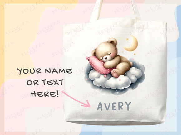 Teddy Bear Personalized Name Tote Bag Kids Cute Gift Daycare Diaper Bag Library Custom Name Tote Back to School Bag for Kids Kindergarten