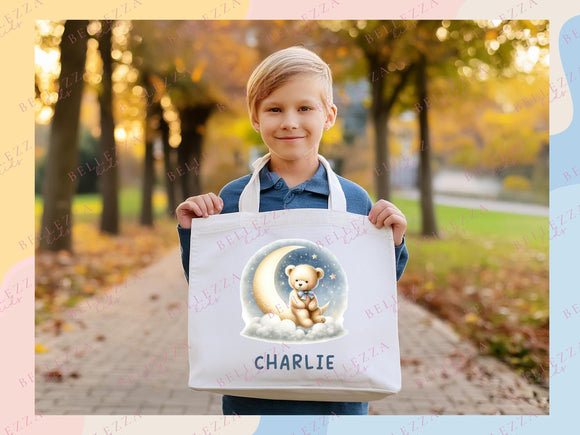 Teddy Bear Personalized Name Tote Bag Kids Cute Gift Daycare Diaper Bag Library Custom Name Tote Back to School Bag for Kids Kindergarten