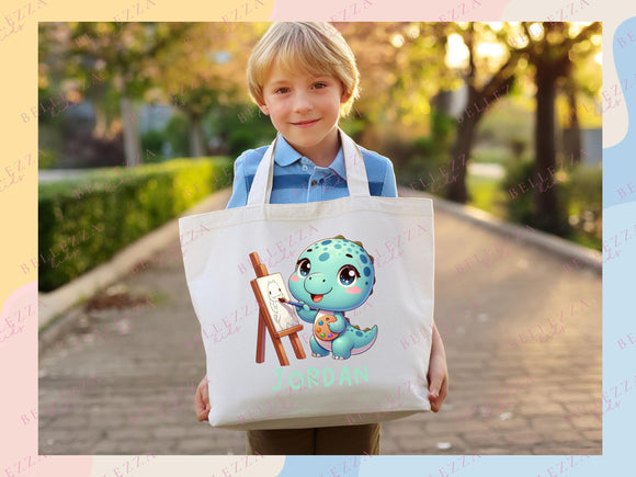 Dinosaur Personalized Name Tote Bag Kids Cute Gift Daycare Diaper Bag Library Custom Name Tote Back to School Bag for Kids Kindergarten