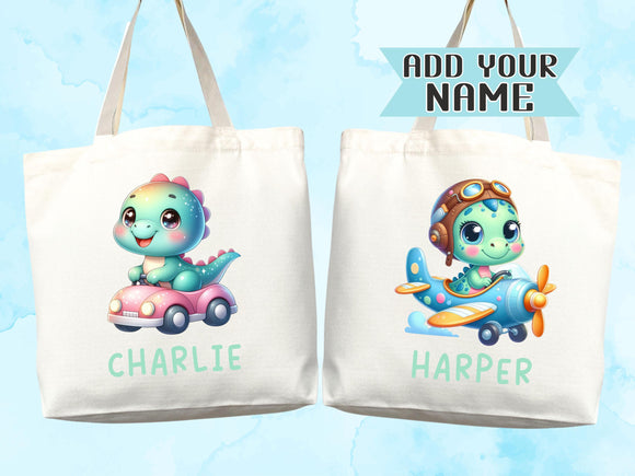 Dinosaur Personalized Name Tote Bag Kids Cute Gift Daycare Diaper Bag Library Custom Name Tote Back to School Bag for Kids Kindergarten