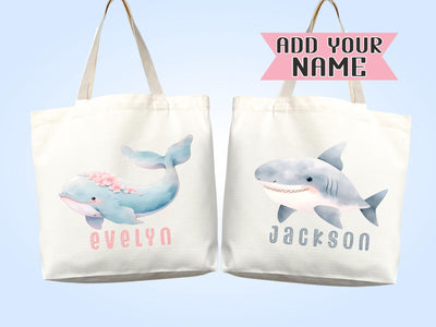 Custom Name Tote Bag Kids Sea life Shark Dolphin Turtle Gift Daycare Diaper Bag Personalized Name Back to School Bag for Kids Kindergarten