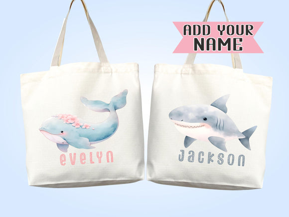 Custom Name Tote Bag Kids Sea life Shark Dolphin Turtle Gift Daycare Diaper Bag Personalized Name Back to School Bag for Kids Kindergarten