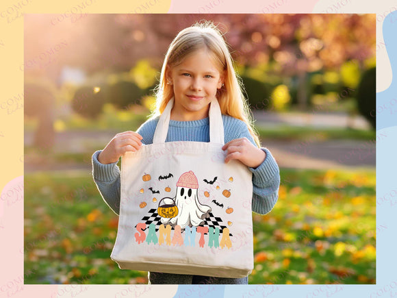 Personalized Halloween Tote Bag Custom Name Tote Kids Trick or Treat Halloween Gift Bag Goodie Bag Spooky Halloween Party Favor Gift