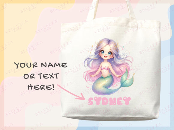 Mermaid Personalized Name Tote Bag Kids Mermaid Gift Daycare Diaper Bag Library Custom Name Tote Back to School Bag for Kids Kindergarten