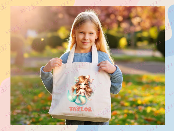 Mermaid Personalized Name Tote Bag Kids Mermaid Gift Daycare Diaper Bag Library Custom Name Tote Back to School Bag for Kids Kindergarten