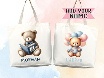 Teddy Bear Personalized Name Tote Bag Kids Cute Gift Daycare Diaper Bag Library Custom Name Tote Back to School Bag for Kids Kindergarten