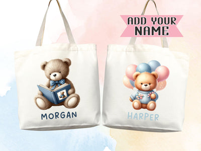 Teddy Bear Personalized Name Tote Bag Kids Cute Gift Daycare Diaper Bag Library Custom Name Tote Back to School Bag for Kids Kindergarten