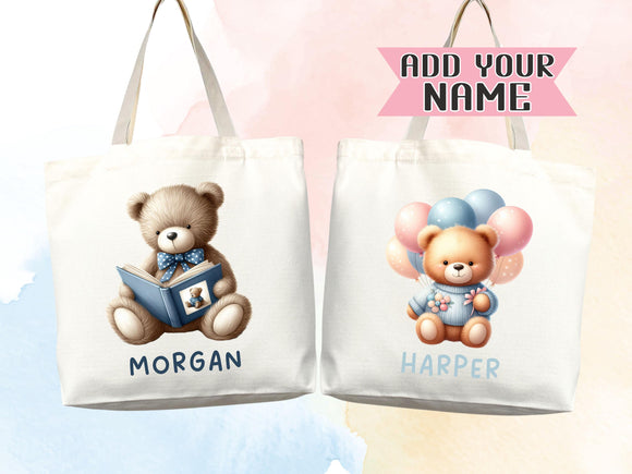 Teddy Bear Personalized Name Tote Bag Kids Cute Gift Daycare Diaper Bag Library Custom Name Tote Back to School Bag for Kids Kindergarten