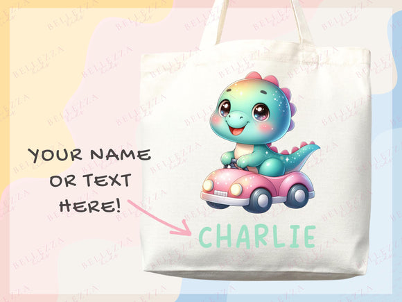 Dinosaur Personalized Name Tote Bag Kids Cute Gift Daycare Diaper Bag Library Custom Name Tote Back to School Bag for Kids Kindergarten