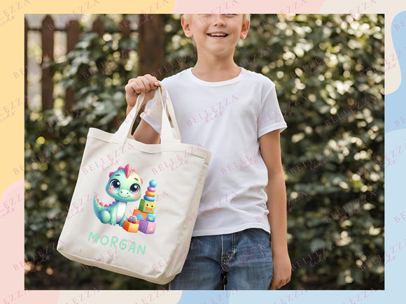 Dinosaur Personalized Name Tote Bag Kids Cute Gift Daycare Diaper Bag Library Custom Name Tote Back to School Bag for Kids Kindergarten