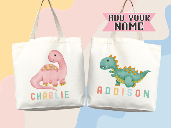 Dinosaur Personalized Name Tote Bag Kids Cute Gift Daycare Diaper Bag Library Custom Name Tote Back to School Bag for Kids Kindergarten