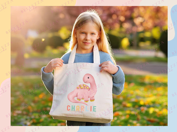 Dinosaur Personalized Name Tote Bag Kids Cute Gift Daycare Diaper Bag Library Custom Name Tote Back to School Bag for Kids Kindergarten