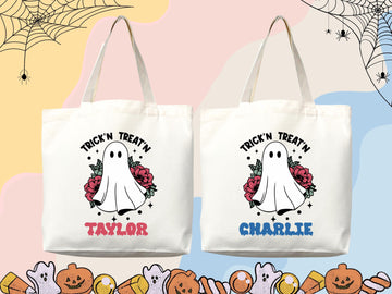 Personalized Halloween Tote Bag Custom Name Tote Kids Trick or Treat Halloween Gift Bag Goodie Bag Spooky Halloween Party Favor Gift Tote