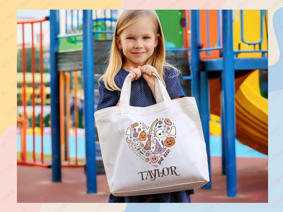 Personalized Halloween Tote Bag Custom Name Tote Kids Trick or Treat Halloween Gift Bag Goodie Bag Spooky Halloween Party Favor Gift Tote