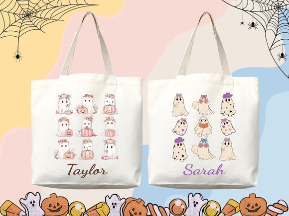 Personalized Halloween Tote Bag Custom Name Tote Kids Trick or Treat Halloween Gift Bag Goodie Bag Spooky Halloween Party Favor Gift Tote