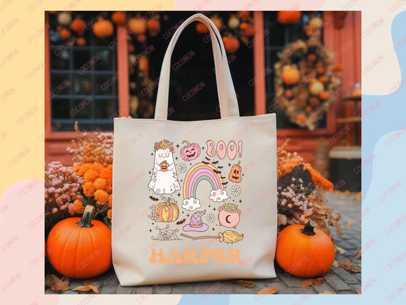 Personalized Halloween Tote Bag Custom Name Tote Kids Trick or Treat Halloween Gift Bag Goodie Bag Spooky Halloween Party Favor Gift Tote
