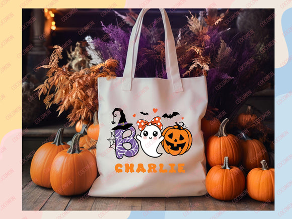Personalized Halloween Tote Bag Custom Name Tote Kids Trick or Treat Halloween Gift Bag Goodie Bag Spooky Halloween Party Favor Gift Tote